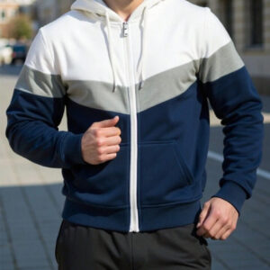 Men's Casual Solid Color Hoodie with Front Zipper and Patchwork Design